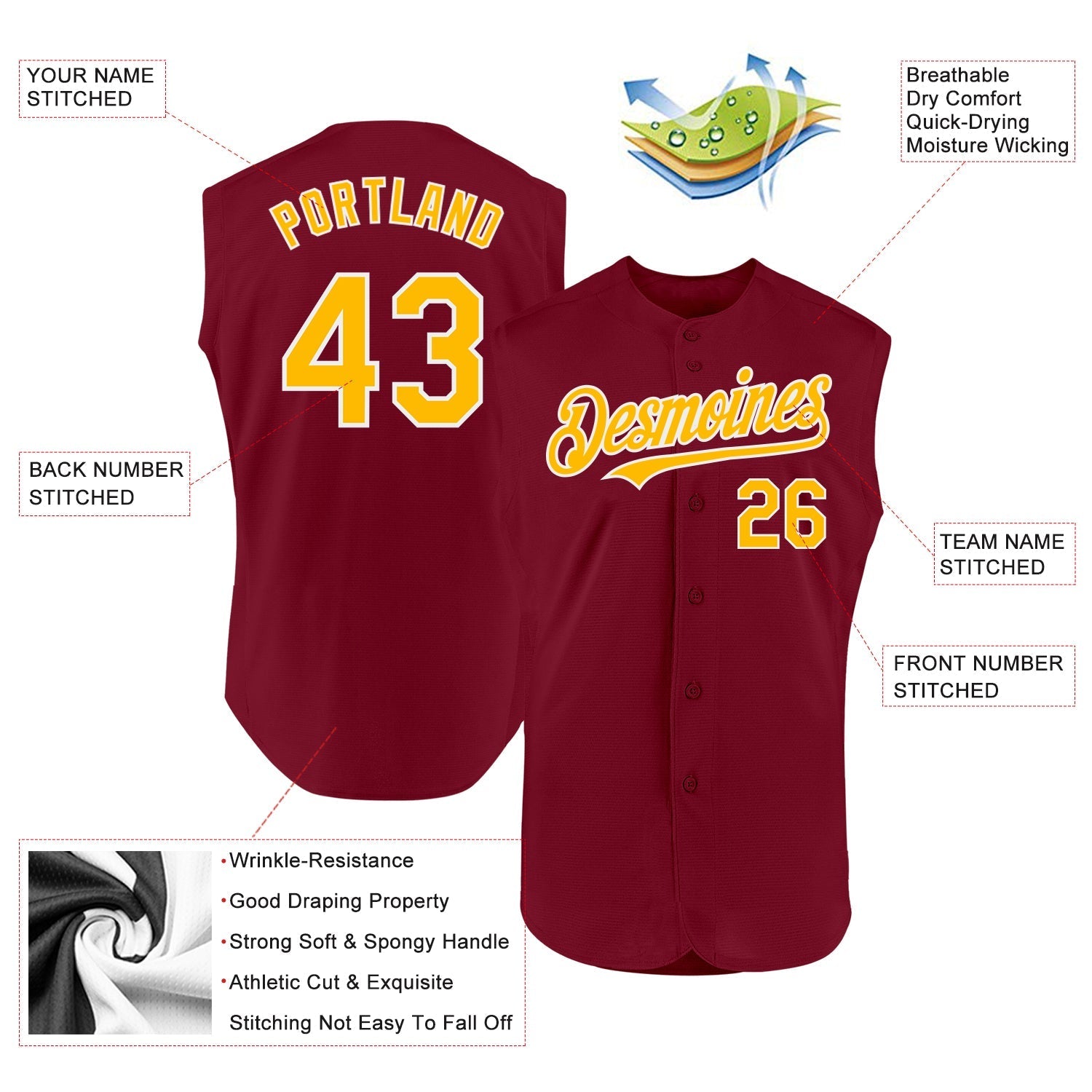 Custom Crimson Gold-White Authentic Sleeveless Baseball Jersey baseball jersey product view 2