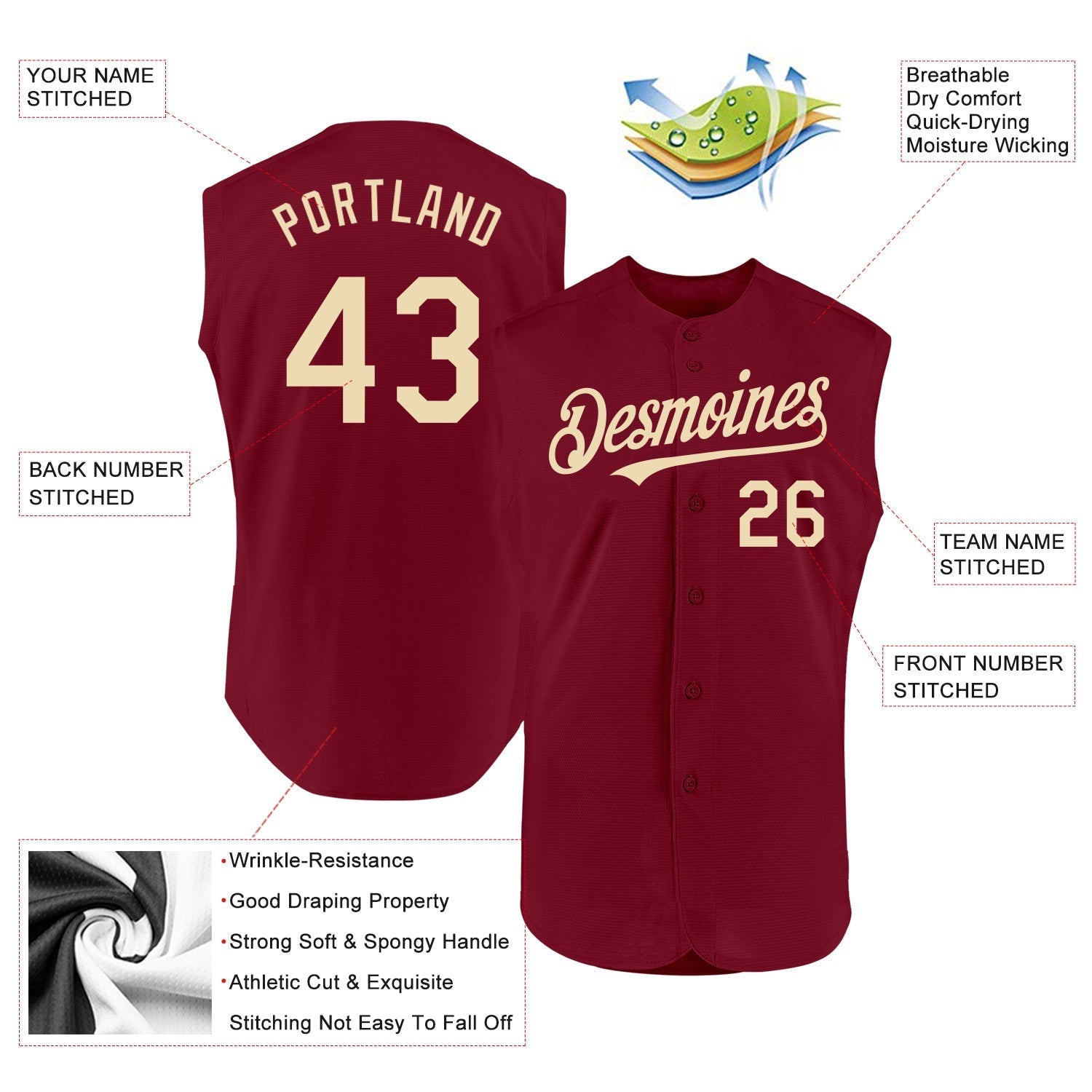 Custom Crimson Cream Authentic Sleeveless Baseball Jersey baseball jersey product view 2