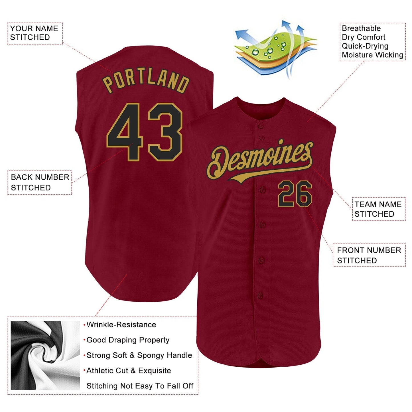 Custom Crimson Black-Old Gold Authentic Sleeveless Baseball Jersey baseball jersey product view 2