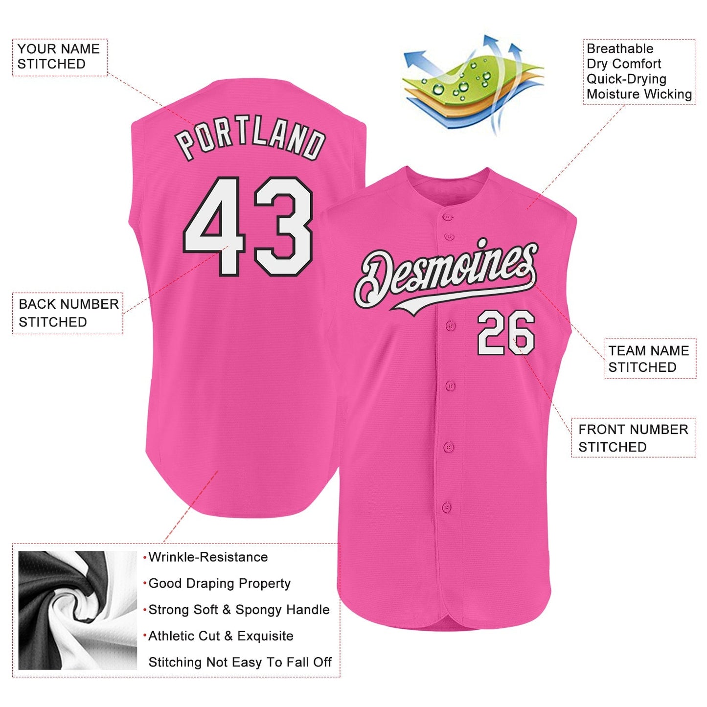 Custom Pink White-Black Authentic Sleeveless Baseball Jersey baseball jersey product view 2