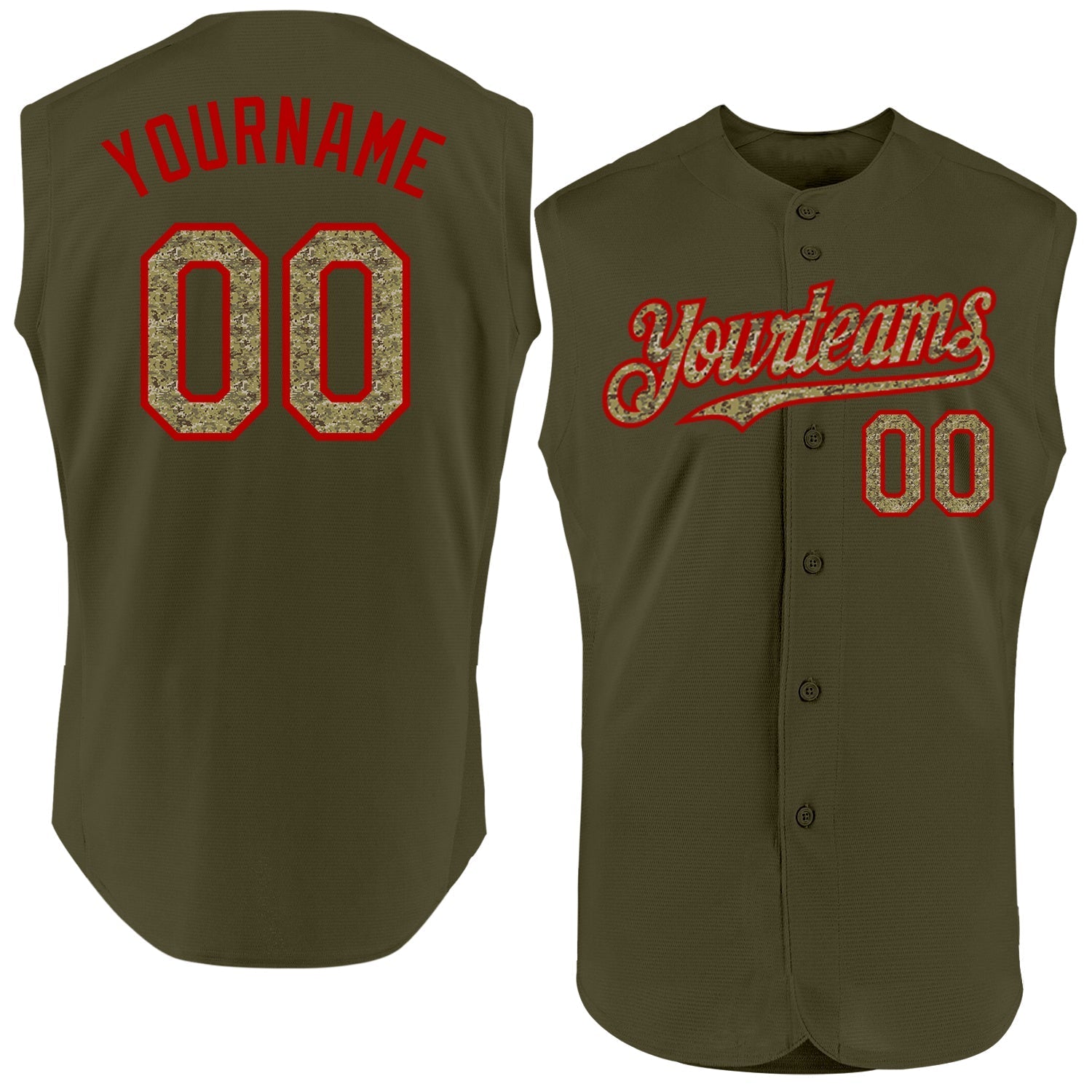 Custom Olive Camo-Red Authentic Sleeveless Salute To Service Baseball Jersey baseball jersey product view 1