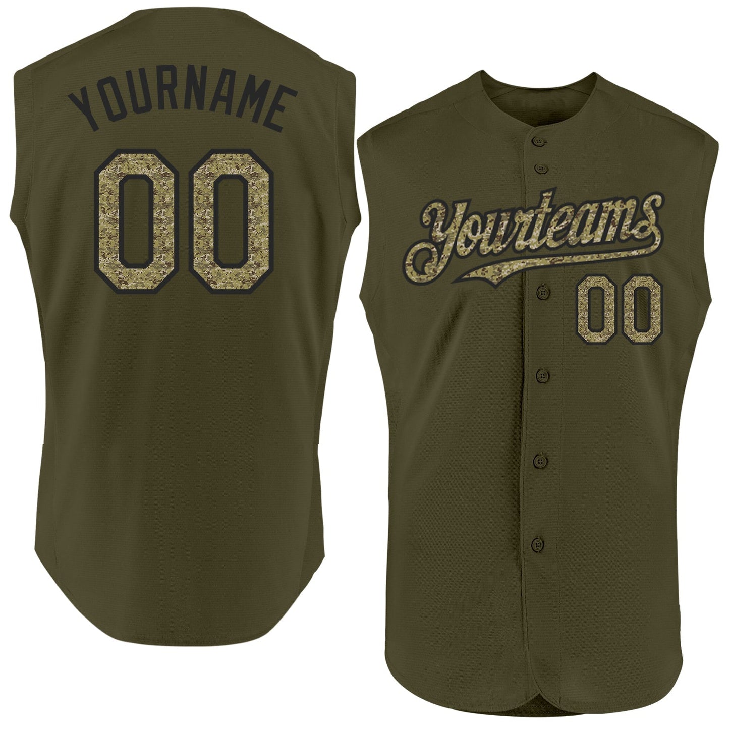 Custom Olive Camo-Black Authentic Sleeveless Salute To Service Baseball Jersey baseball jersey product view 1