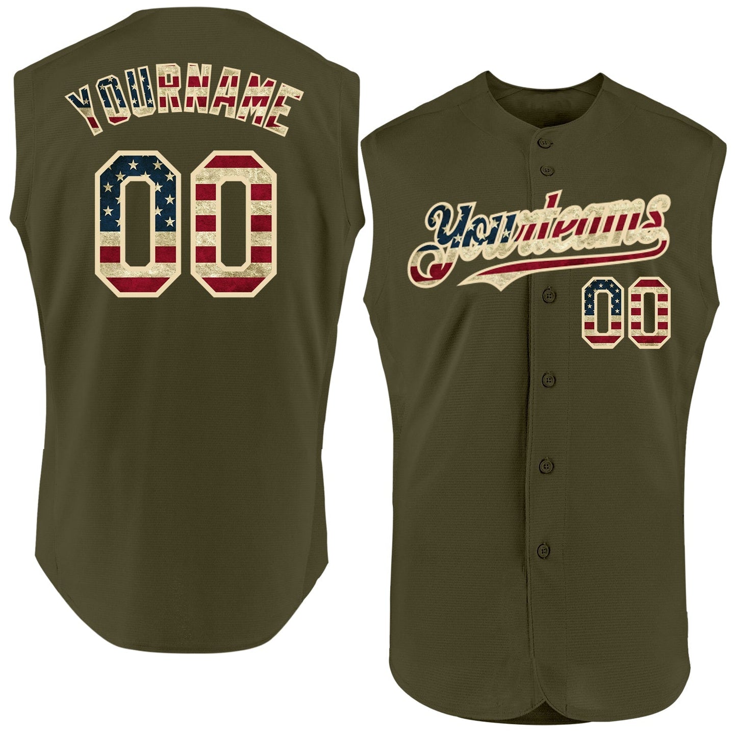 Custom Olive Vintage USA Flag-Cream Authentic Sleeveless Salute To Service Baseball Jersey baseball jersey product view 1