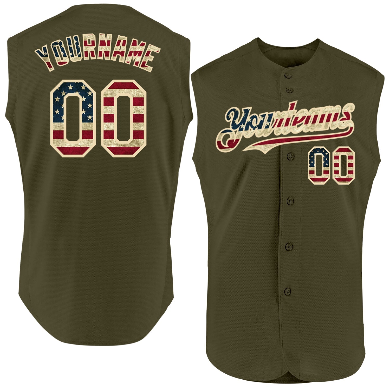 Custom Olive Vintage USA Flag-Cream Authentic Sleeveless Salute To Service Baseball Jersey baseball jersey product view 1