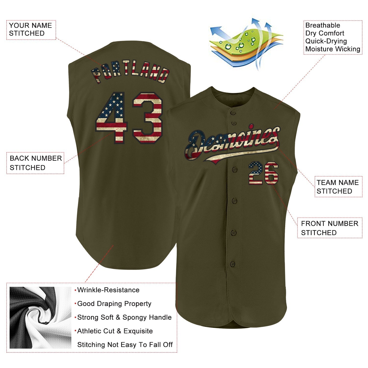Custom Olive Vintage USA Flag-Black Authentic Sleeveless Salute To Service Baseball Jersey baseball jersey product view 2