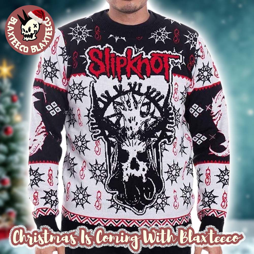 Slipknot Band Goat Skull Horror All Over Tribal S Logo With Snowflakes Pattern Ugly Christmas Sweater - T-Shirt, Sweatshirt, Hoodie