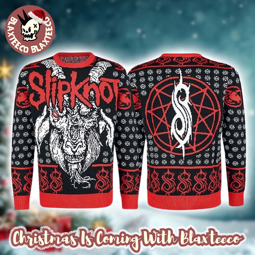 Slipknot Big Logo Goat Face Snowflakes Pattern Knitted Signature Black And Red Ugly Christmas Sweater - T-Shirt, Sweatshirt, Hoodie