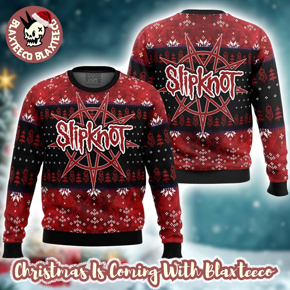 Slipknot Big Logo Night Pointed Star Tribal S Logo Pattern Knitted Black And Red Ugly Christmas Sweater - T-Shirt, Sweatshirt, Hoodie