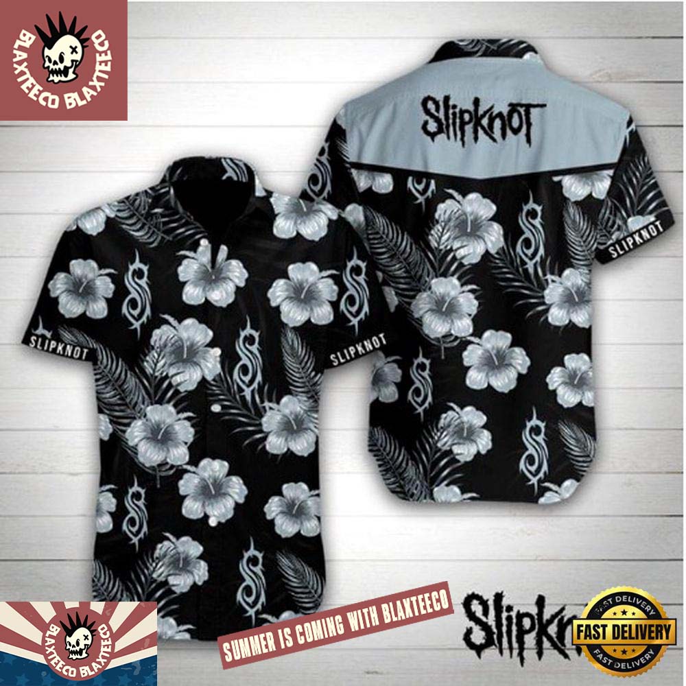 Slipknot Flowers Tropical Pattern Black And Grey Summer Hawaiian Shirt Unisex T-shirt, Sweatshirt, Hoodie, Long Sleeve Tee - T-Shirt, Sweatshirt, Hoodie
