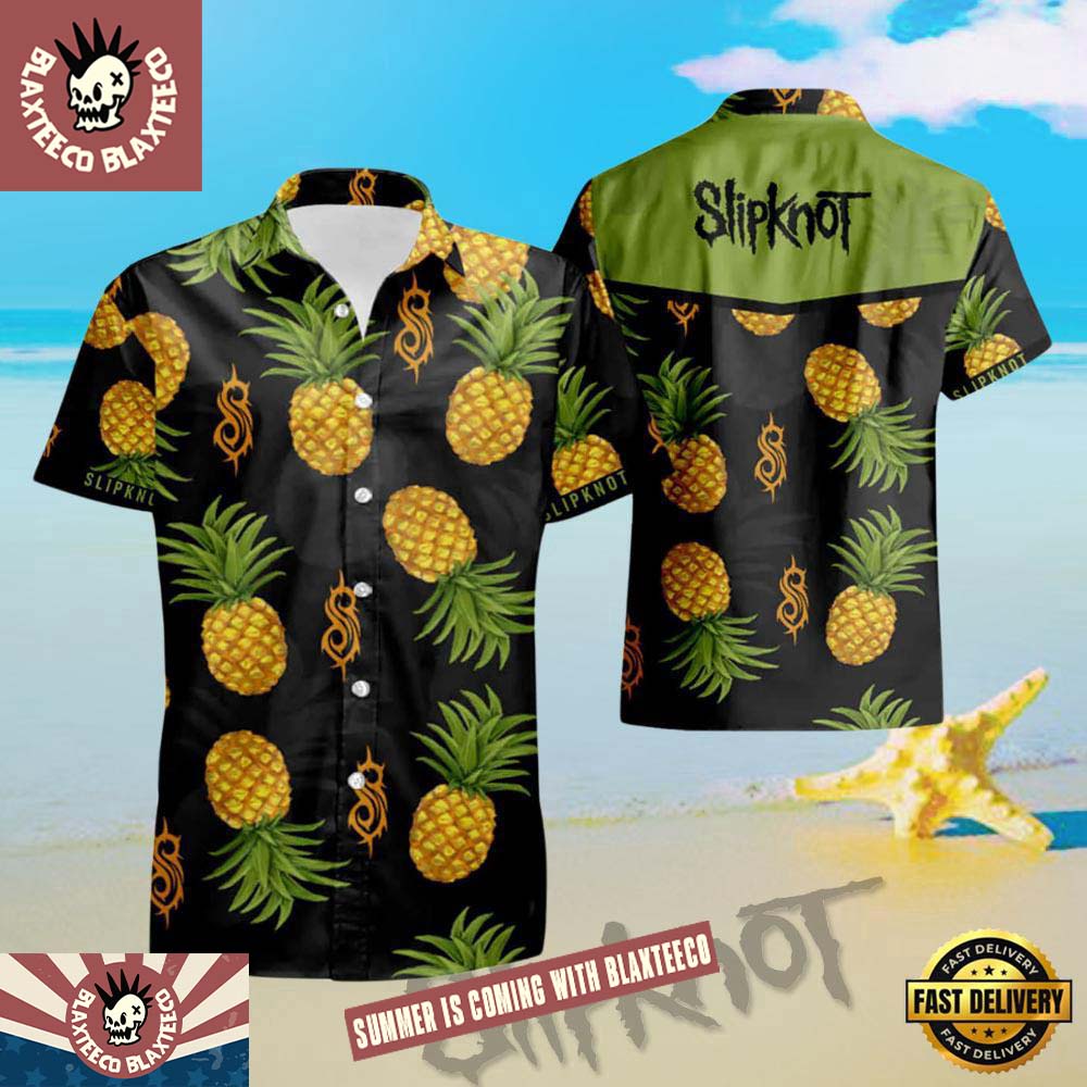Slipknot Green Pineapple With Logo Pattern Summer Hawaiian Shirt Unisex T-shirt, Sweatshirt, Hoodie, Long Sleeve Tee - T-Shirt, Sweatshirt, Hoodie