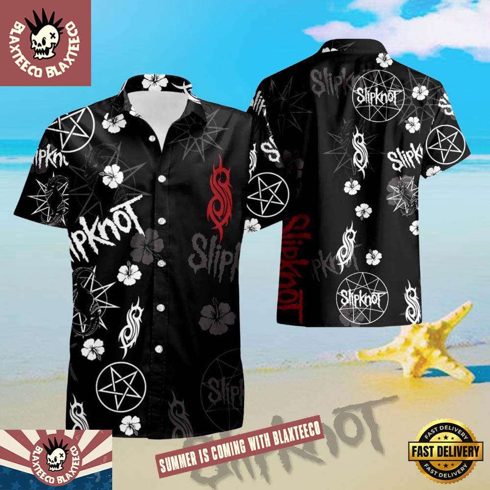Slipknot Logo With Flower Pattern In Black Hawaiian Aloha Shirt Unisex T-shirt, Sweatshirt, Hoodie, Long Sleeve Tee - T-Shirt, Sweatshirt, Hoodie