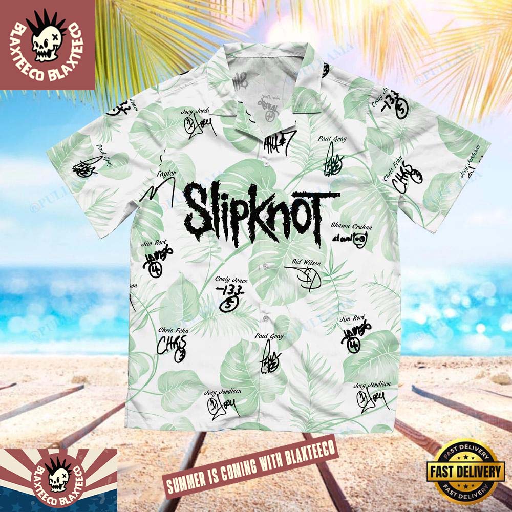 Slipknot Rock Band Autographed Green Palm Band Members Name Pattern Summer Hawaiian Shirt Unisex T-shirt, Sweatshirt, Hoodie, Long Sleeve Tee - T-Shirt, Sweatshirt, Hoodie