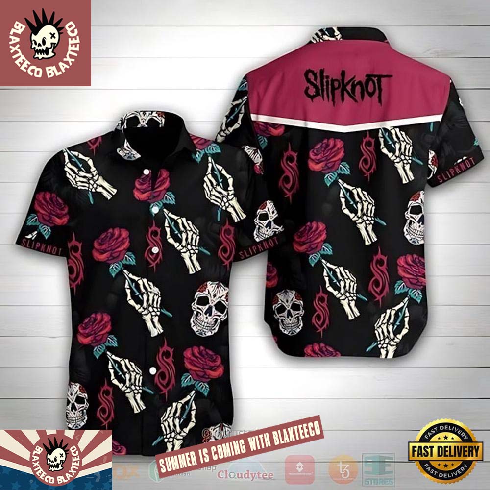 Slipknot Rock Band Band Rose Skull Short Sleeve Summer Hawaiian Shirt Unisex T-shirt, Sweatshirt, Hoodie, Long Sleeve Tee - T-Shirt, Sweatshirt, Hoodie
