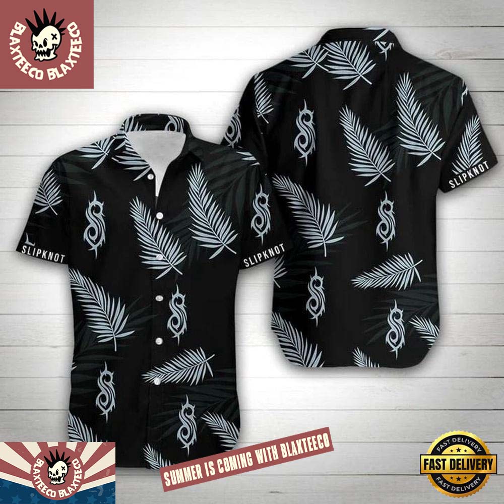 Slipknot Rock Band Tropical Pattern Black Summer Hawaiian Shirt Unisex T-shirt, Sweatshirt, Hoodie, Long Sleeve Tee - T-Shirt, Sweatshirt, Hoodie