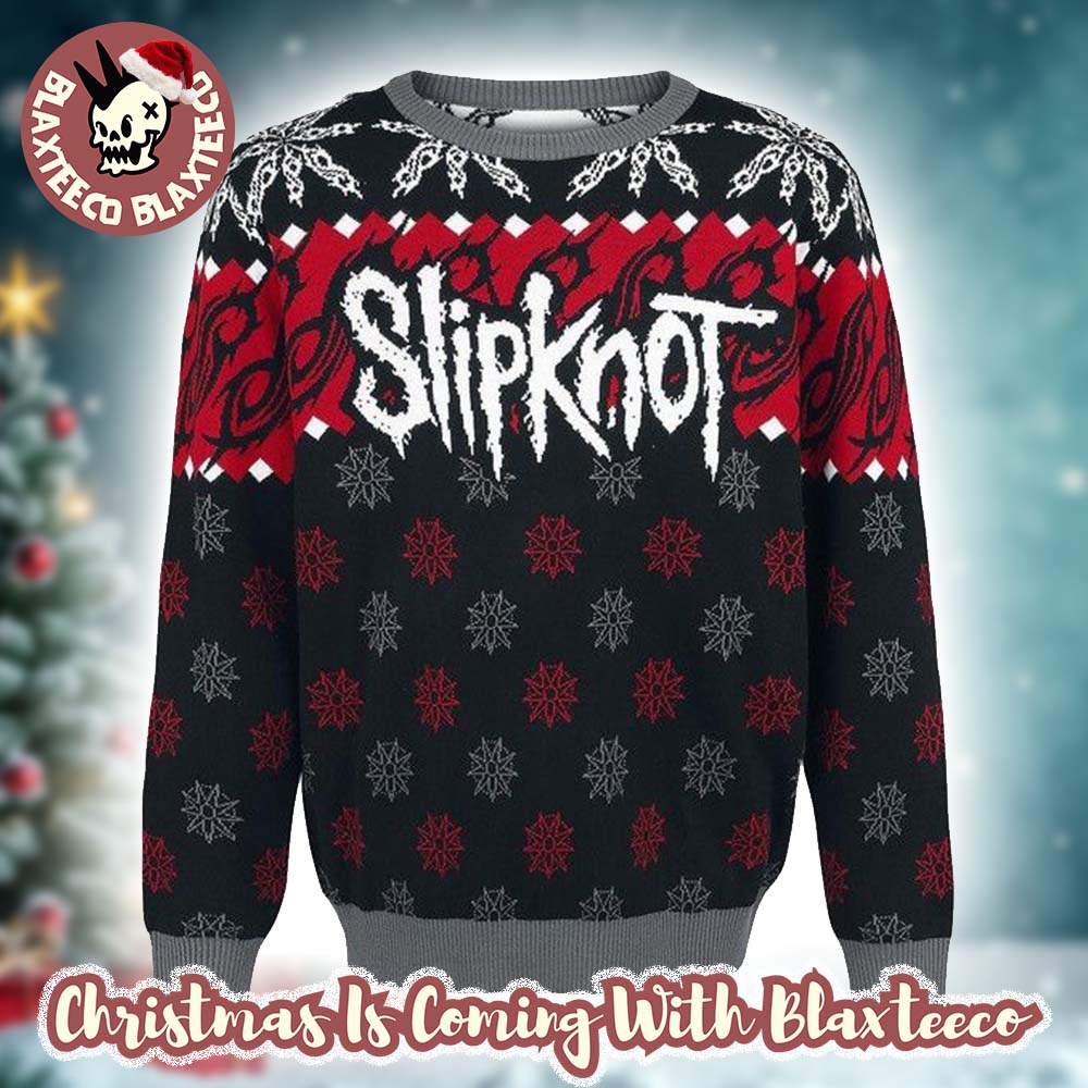 Slipknot Signature Logo With Tribal S Snowflakes Pattern Red And Grey Knitted Ugly Christmas Sweater - T-Shirt, Sweatshirt, Hoodie