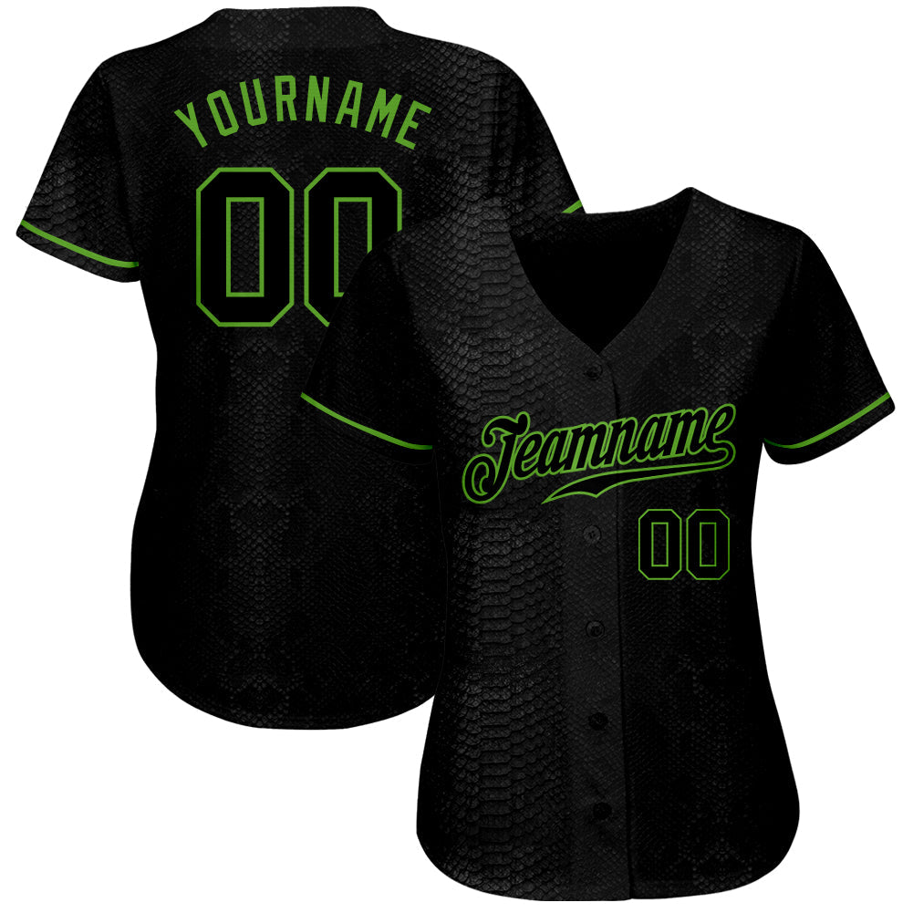 Custom Black Snakeskin Black-Neon Green 3D Pattern Design Authentic Baseball Jersey baseball jersey product view 2