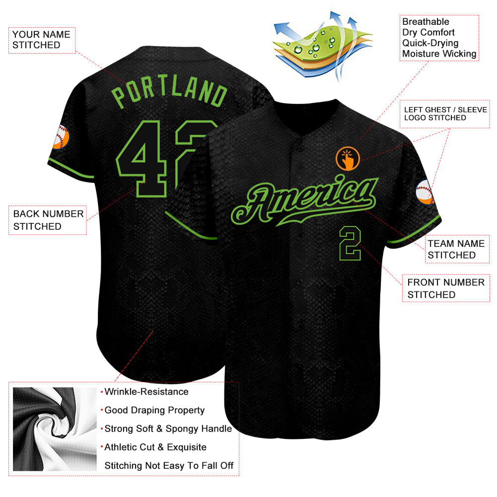 Custom Black Snakeskin Black-Neon Green 3D Pattern Design Authentic Baseball Jersey baseball jersey product view 3