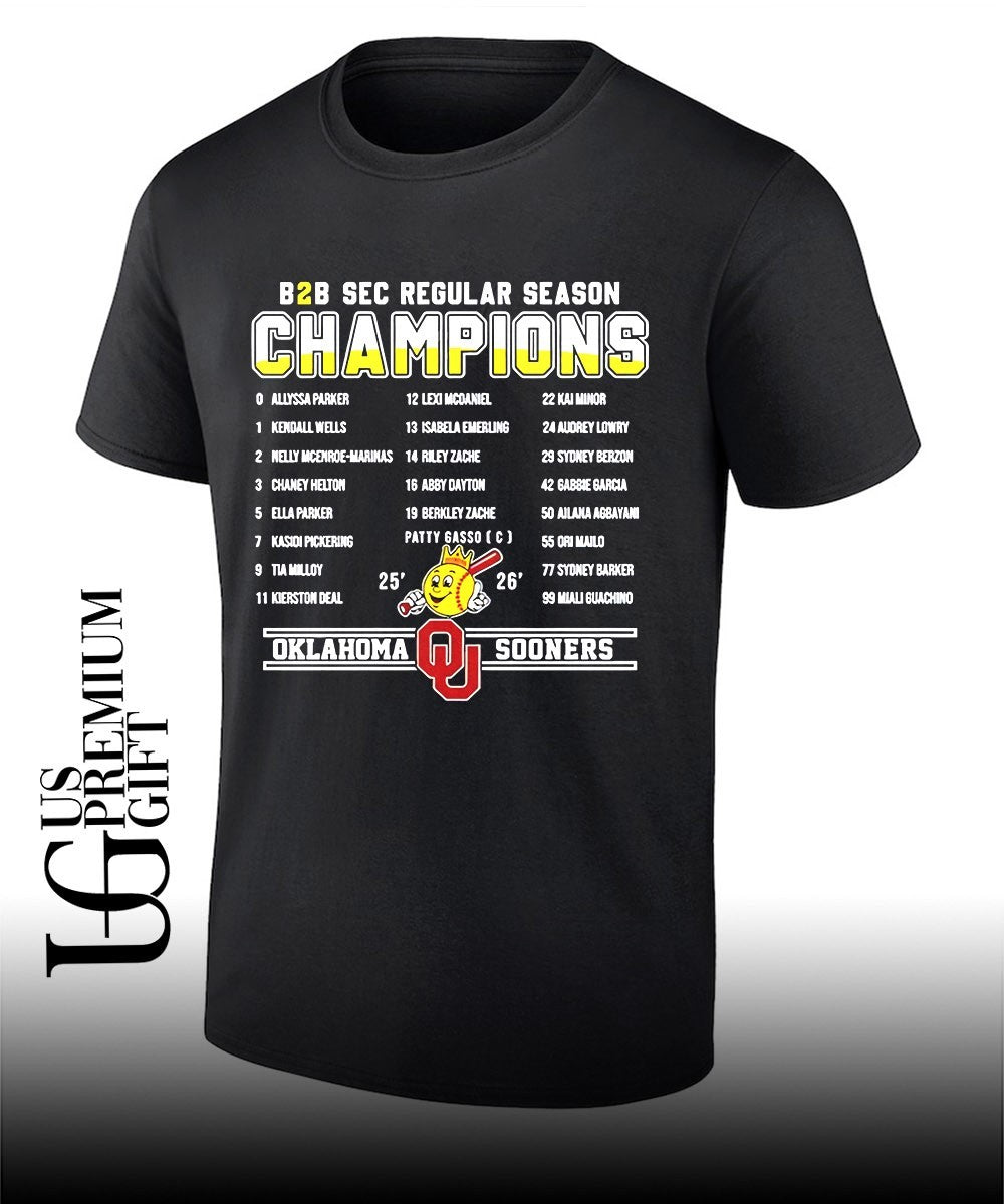 Sooners Softball B2B SEC Regular Season Champions 2026 player names shirt Unisex T-shirt, Sweatshirt, Hoodie, Long Sleeve Tee - T-Shirt, Sweatshirt, Hoodie