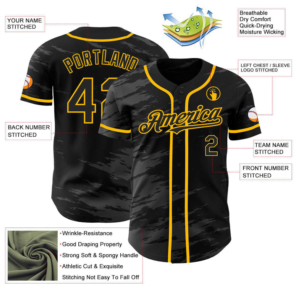 Custom Black Steel Gray Splash Ink Gold Authentic Baseball Jersey baseball jersey product view 3