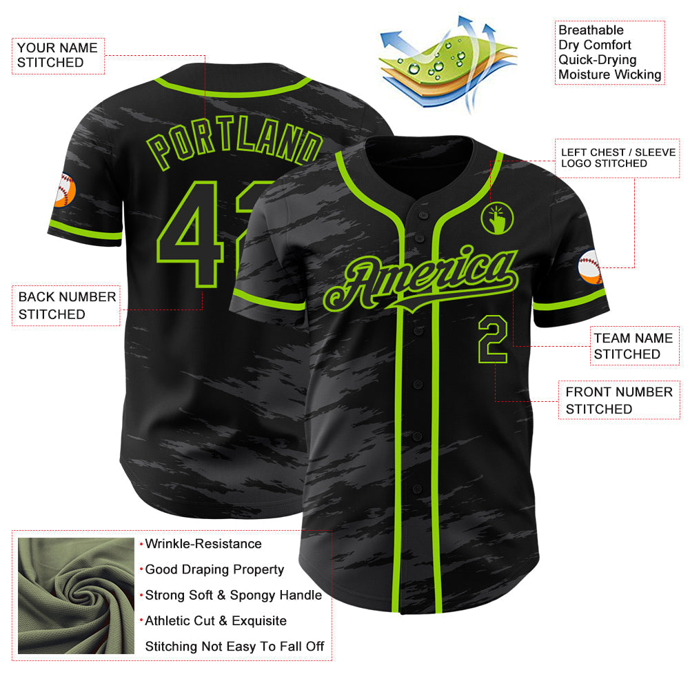 Custom Black Steel Gray Splash Ink Neon Green Authentic Baseball Jersey baseball jersey product view 3