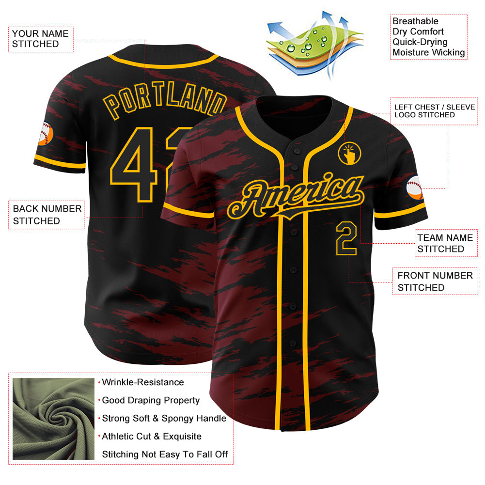 Custom Black Crimson Splash Ink Gold Authentic Baseball Jersey baseball jersey product view 3