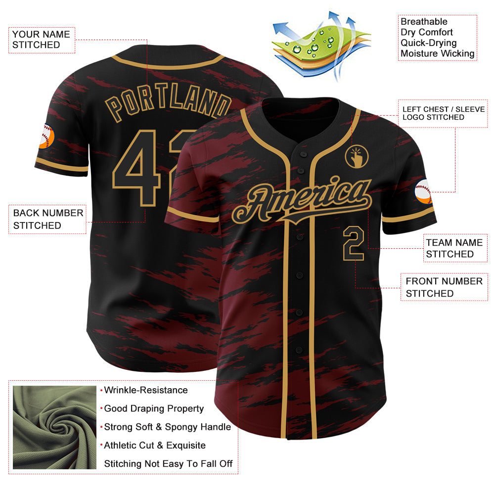 Custom Black Crimson Splash Ink Old Gold Authentic Baseball Jersey baseball jersey product view 3