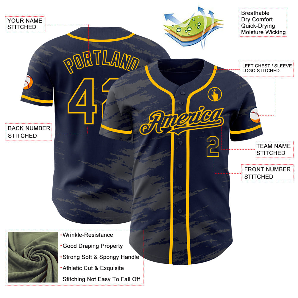 Custom Navy Steel Gray Splash Ink Gold Authentic Baseball Jersey baseball jersey product view 3