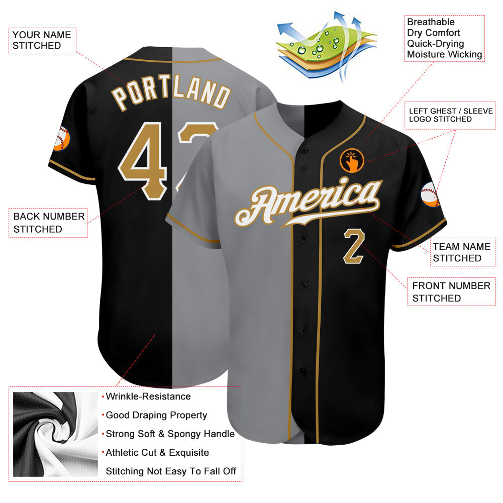 Custom Black Old Gold-Gray Authentic Split Fashion Baseball Jersey baseball jersey product view 3