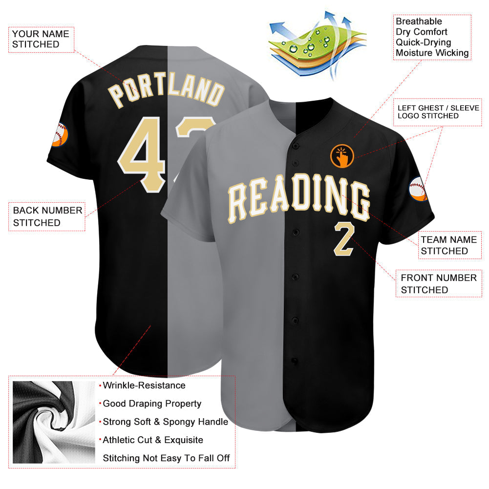 Custom Black Vegas Gold-Gray Authentic Split Fashion Baseball Jersey baseball jersey product view 3
