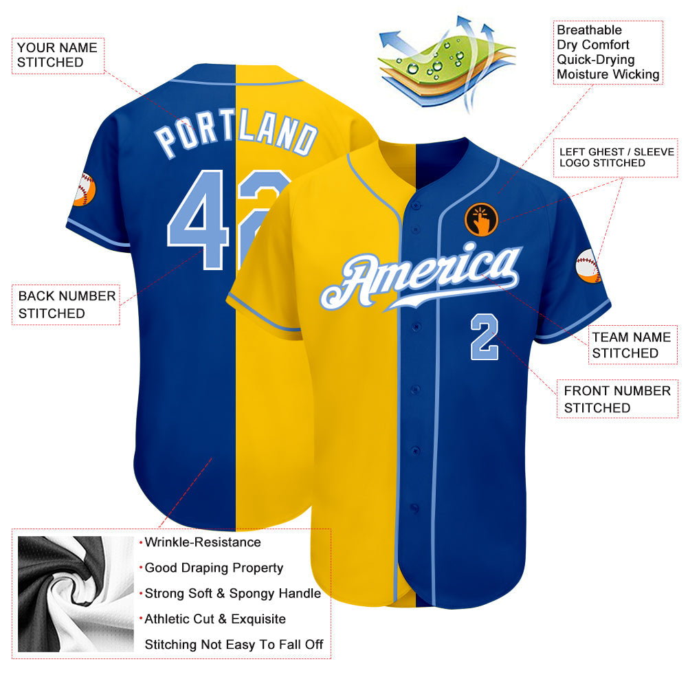 Custom Royal Light Blue-Yellow Authentic Split Fashion Baseball Jersey baseball jersey product view 3