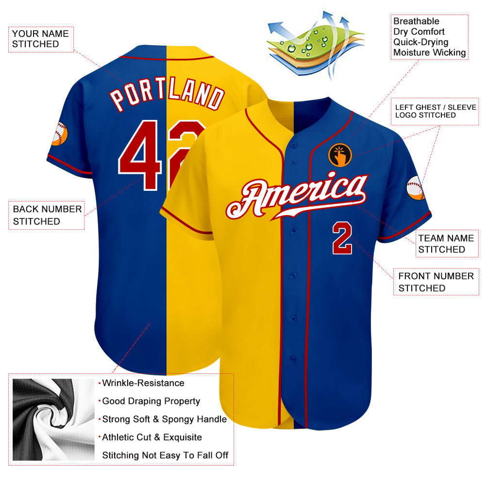 Custom Royal Red-Yellow Authentic Split Fashion Baseball Jersey baseball jersey product view 3