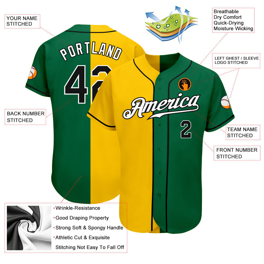 Custom Kelly Green Black-Yellow Authentic Split Fashion Baseball Jersey baseball jersey product view 3