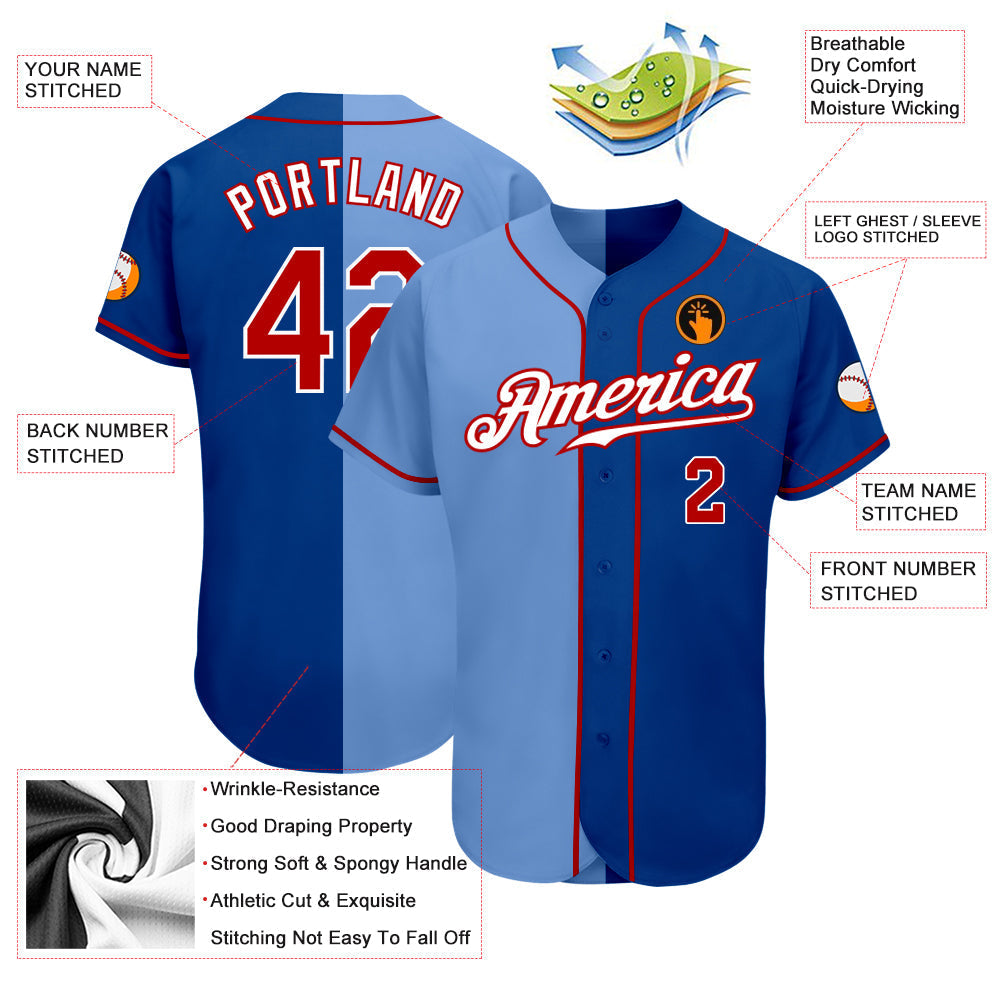 Custom Royal Red-Light Blue Authentic Split Fashion Baseball Jersey baseball jersey product view 3