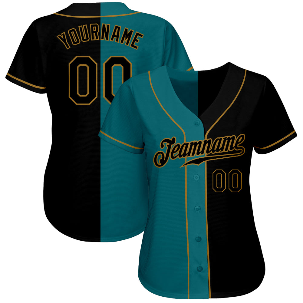 Custom Teal-Black Old Gold Authentic Split Fashion Baseball Jersey baseball jersey product view 2
