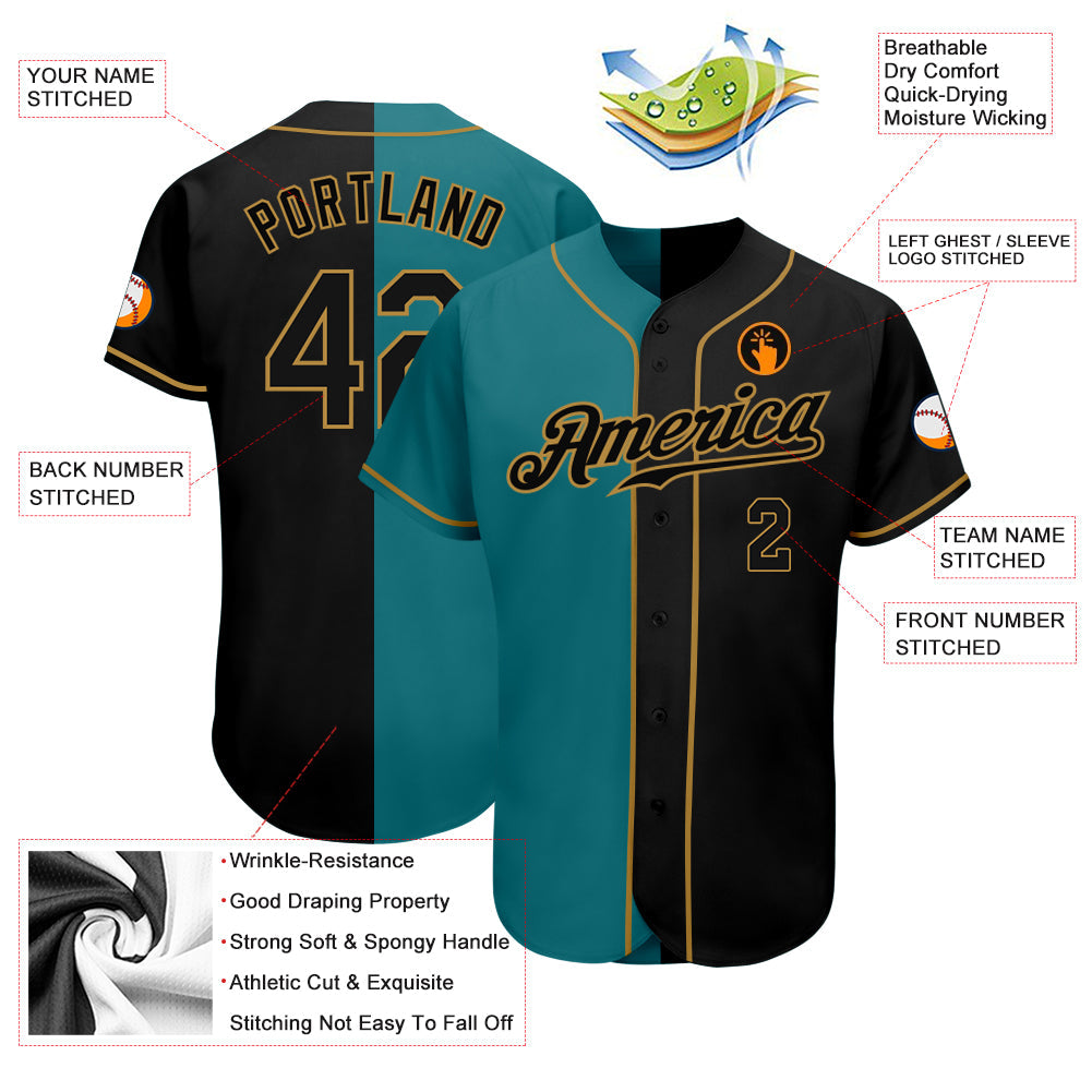 Custom Teal-Black Old Gold Authentic Split Fashion Baseball Jersey baseball jersey product view 3