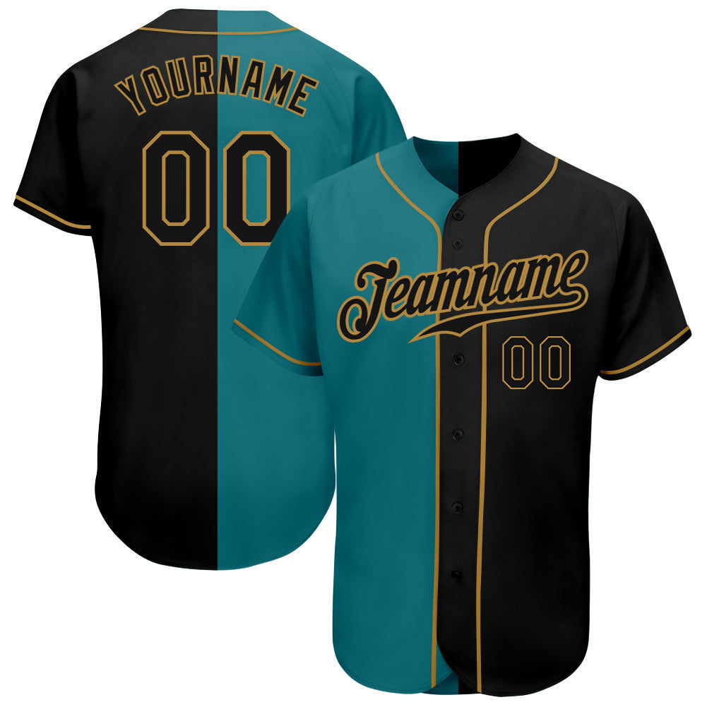Custom Teal-Black Old Gold Authentic Split Fashion Baseball Jersey baseball jersey product view 1