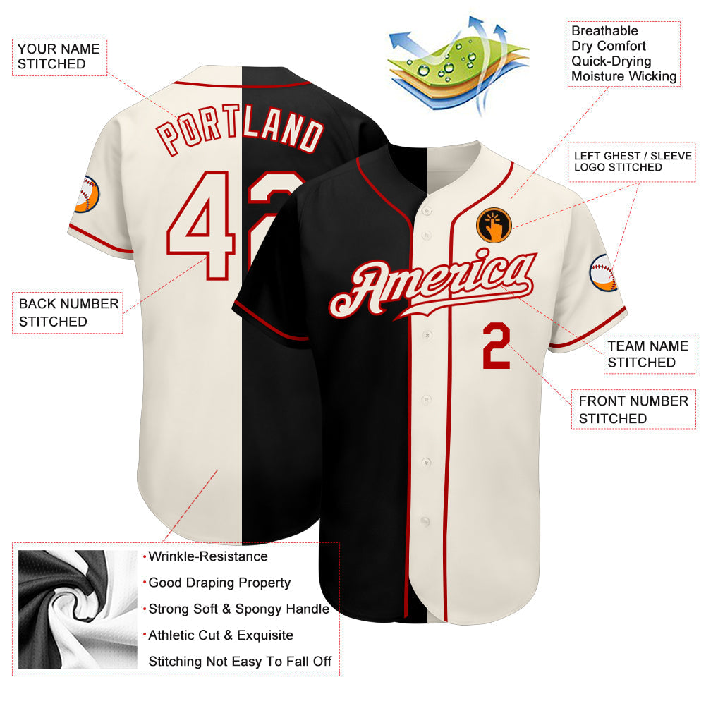 Custom Black Cream-Red Authentic Split Fashion Baseball Jersey baseball jersey product view 3