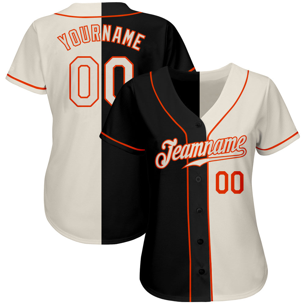 Custom Black Cream-Orange Authentic Split Fashion Baseball Jersey baseball jersey product view 2