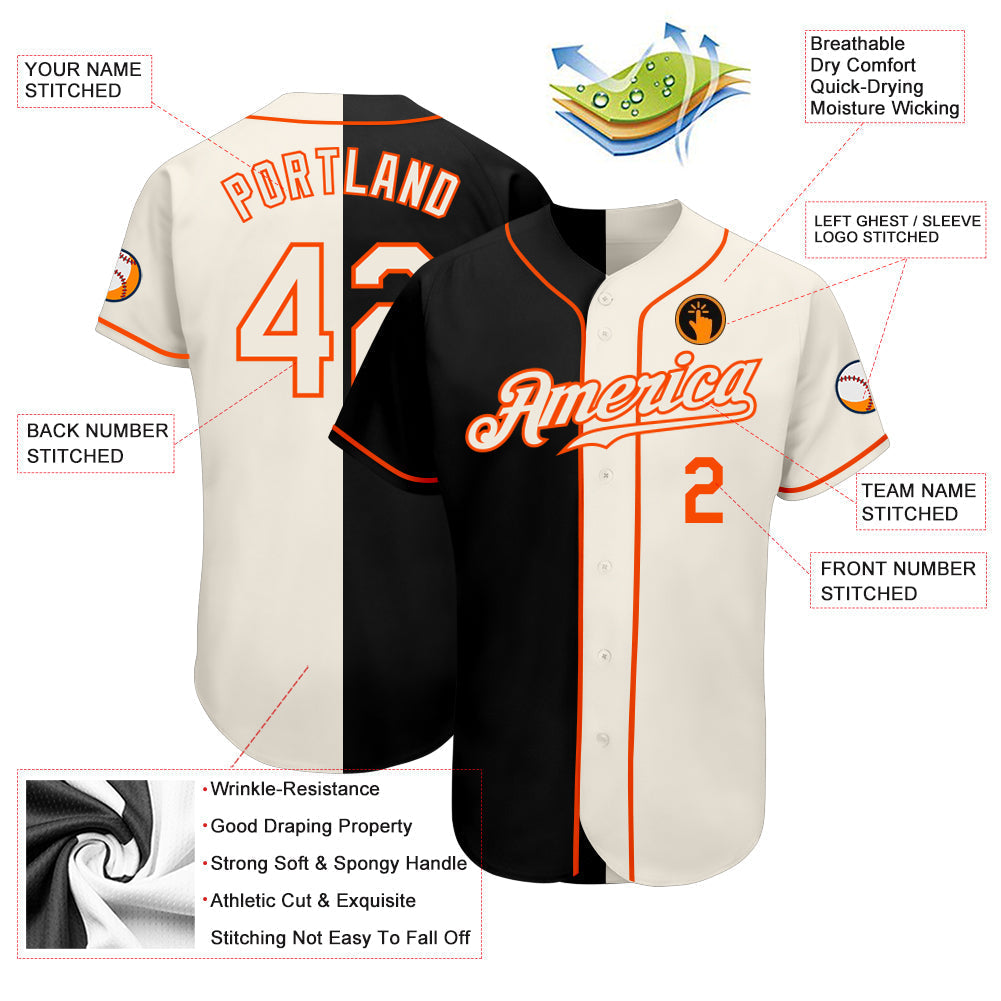 Custom Black Cream-Orange Authentic Split Fashion Baseball Jersey baseball jersey product view 3