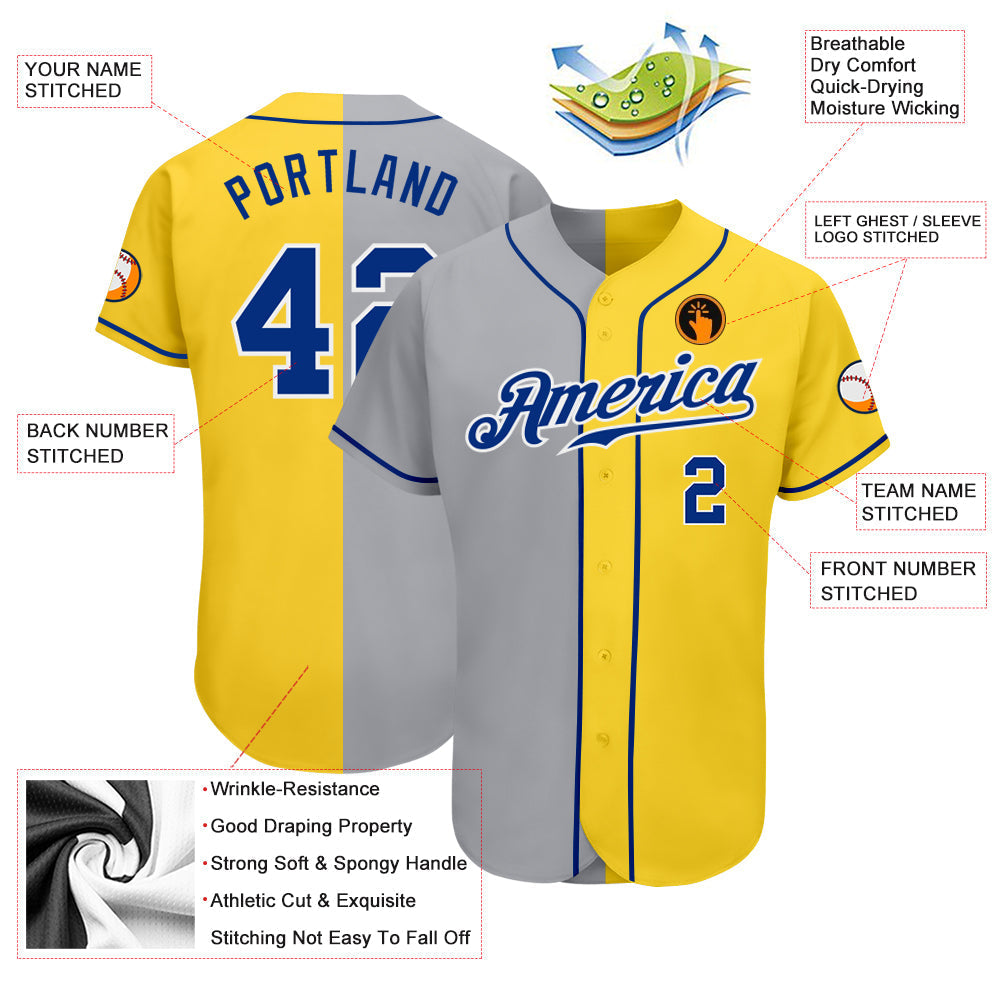 Custom Yellow Royal Gray-White Authentic Split Fashion Baseball Jersey baseball jersey product view 3