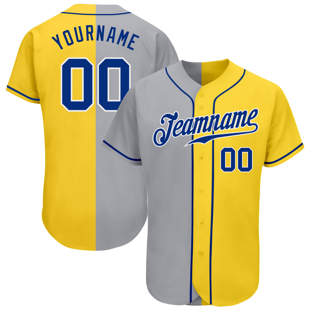 Custom Yellow Royal Gray-White Authentic Split Fashion Baseball Jersey baseball jersey product view 1