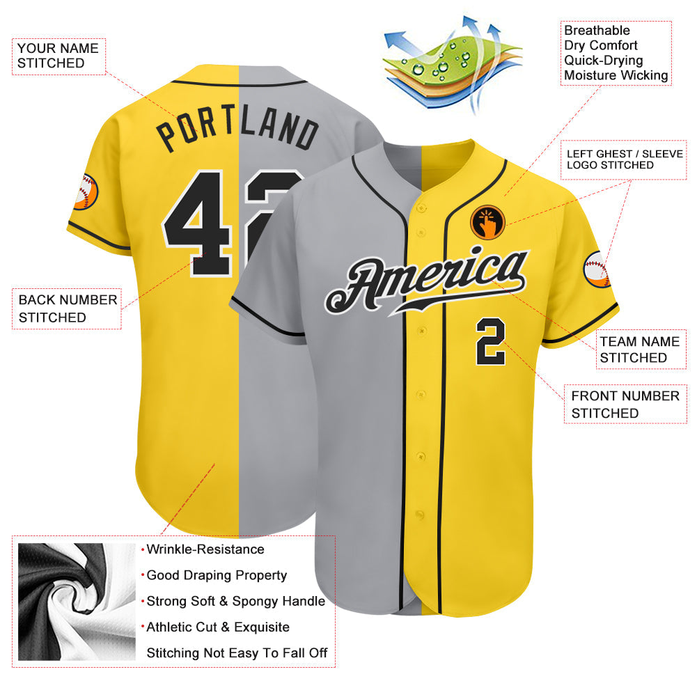 Custom Yellow Black Gray-White Authentic Split Fashion Baseball Jersey baseball jersey product view 3