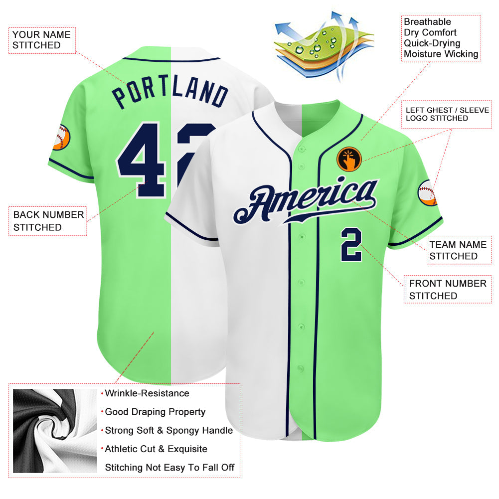 Custom Pea Green Navy-White Authentic Split Fashion Baseball Jersey baseball jersey product view 3