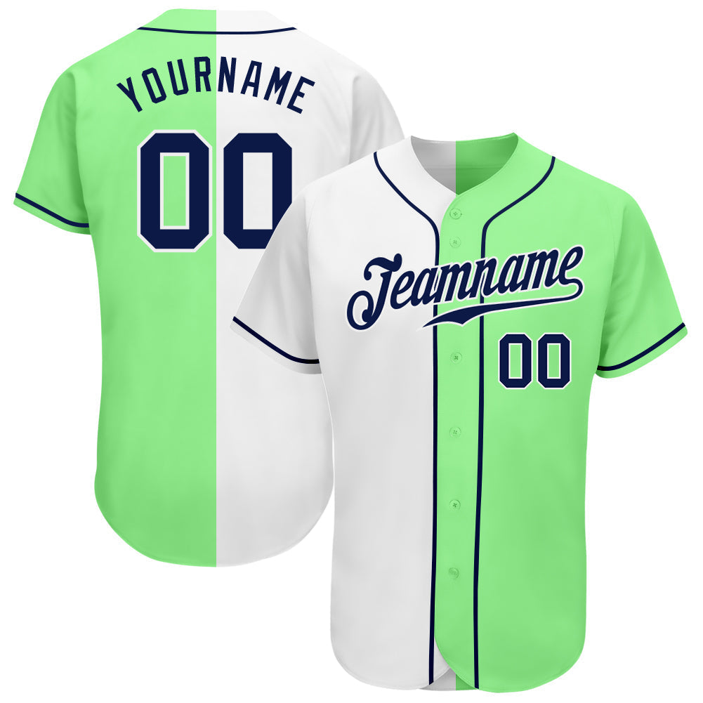 Custom Pea Green Navy-White Authentic Split Fashion Baseball Jersey baseball jersey product view 1