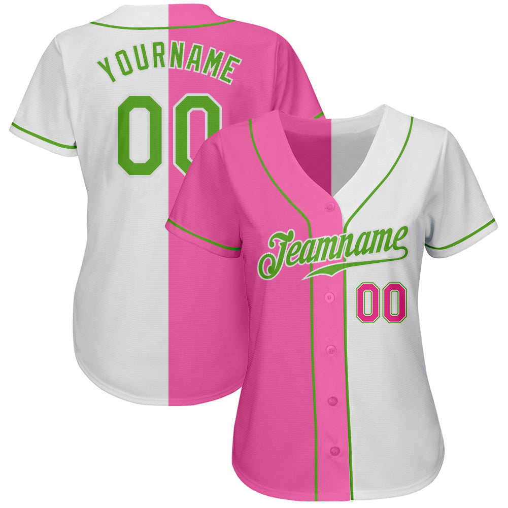 Custom White Neon Green-Pink Authentic Split Fashion Baseball Jersey baseball jersey product view 2