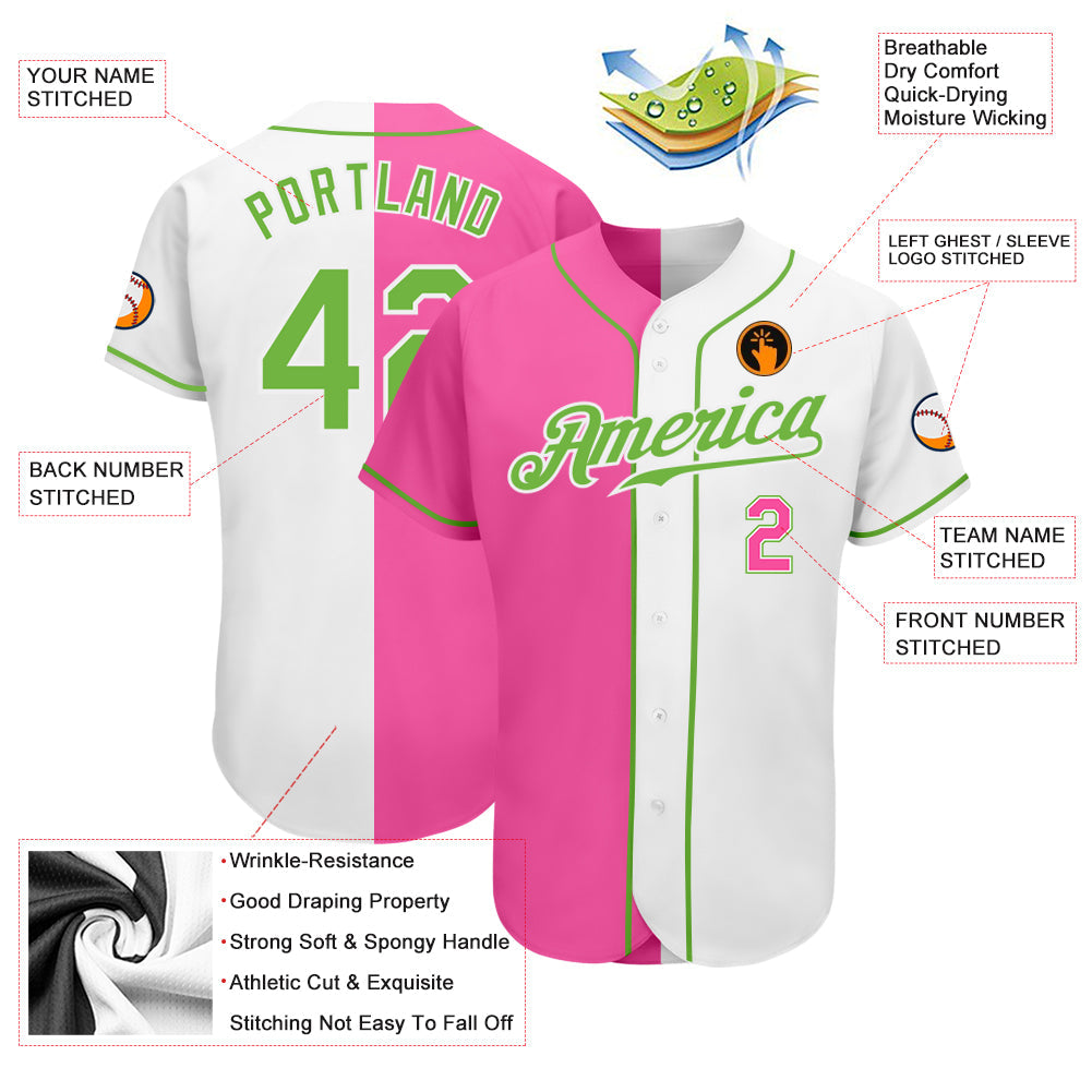 Custom White Neon Green-Pink Authentic Split Fashion Baseball Jersey baseball jersey product view 3