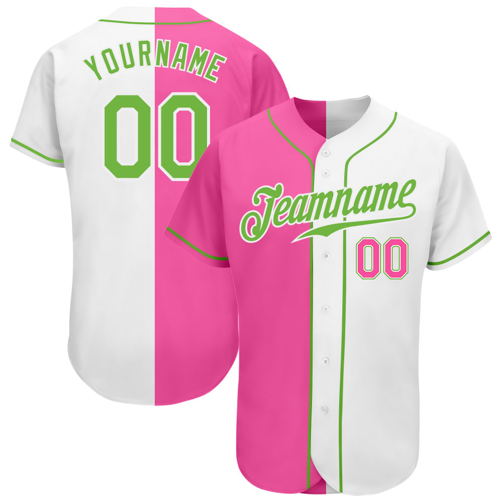 Custom White Neon Green-Pink Authentic Split Fashion Baseball Jersey baseball jersey product view 1