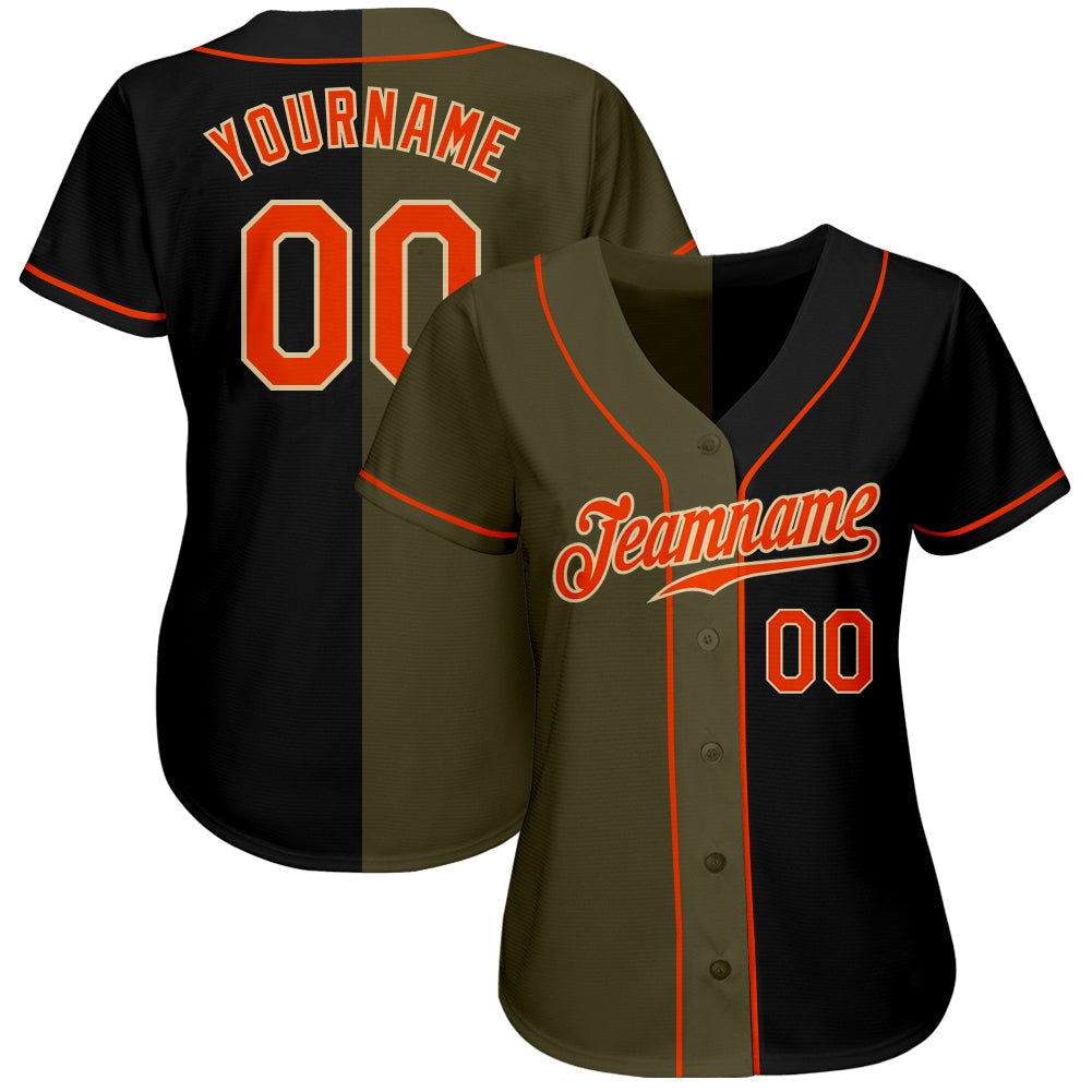 Custom Black Orange Olive-Cream Authentic Split Fashion Baseball Jersey baseball jersey product view 2