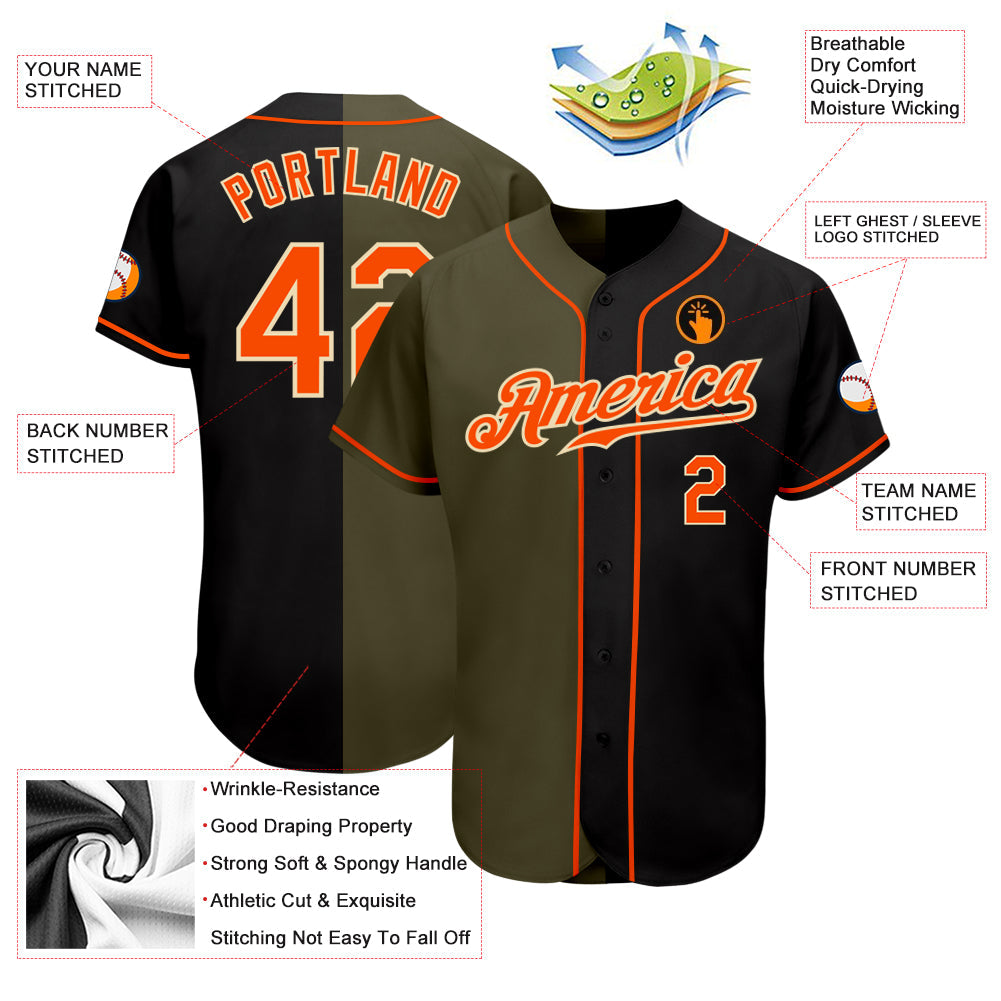 Custom Black Orange Olive-Cream Authentic Split Fashion Baseball Jersey baseball jersey product view 3