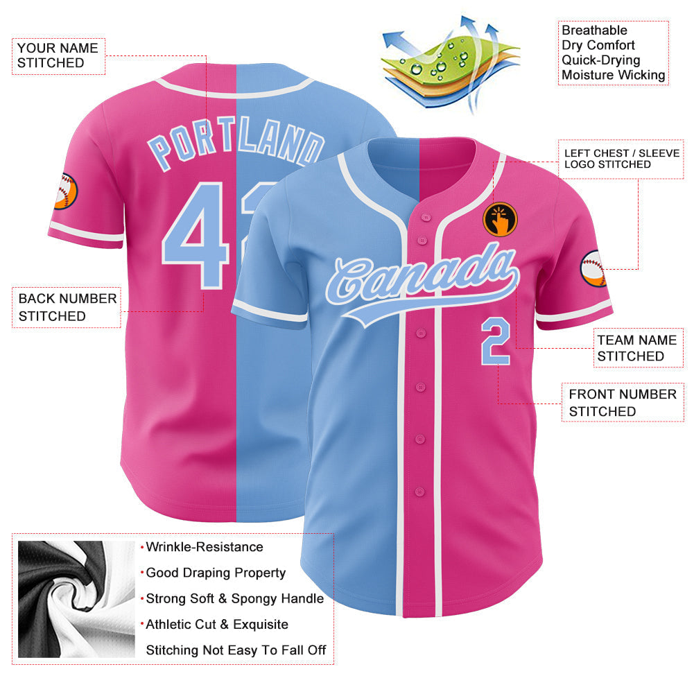 Custom Pink Light Blue-White Authentic Split Fashion Baseball Jersey baseball jersey product view 3